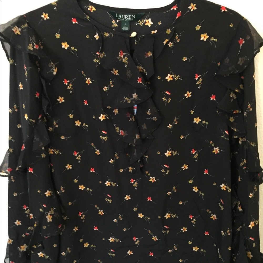 Lauren Ralph Lauren Black Floral Ruffle Blouse - Picture 7 of 8